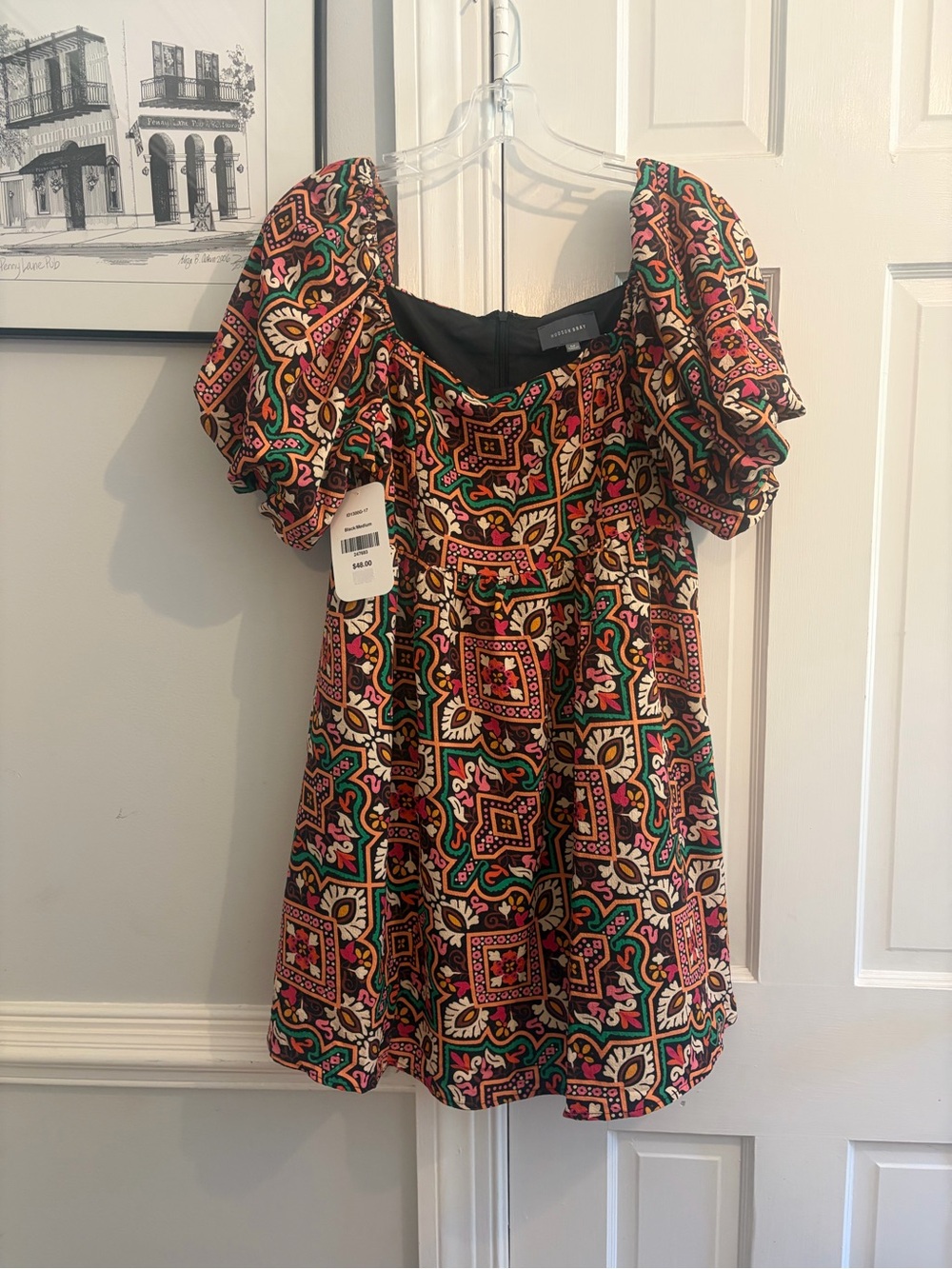 Patterned Short Puff-Sleeve Dress in Multicolor
